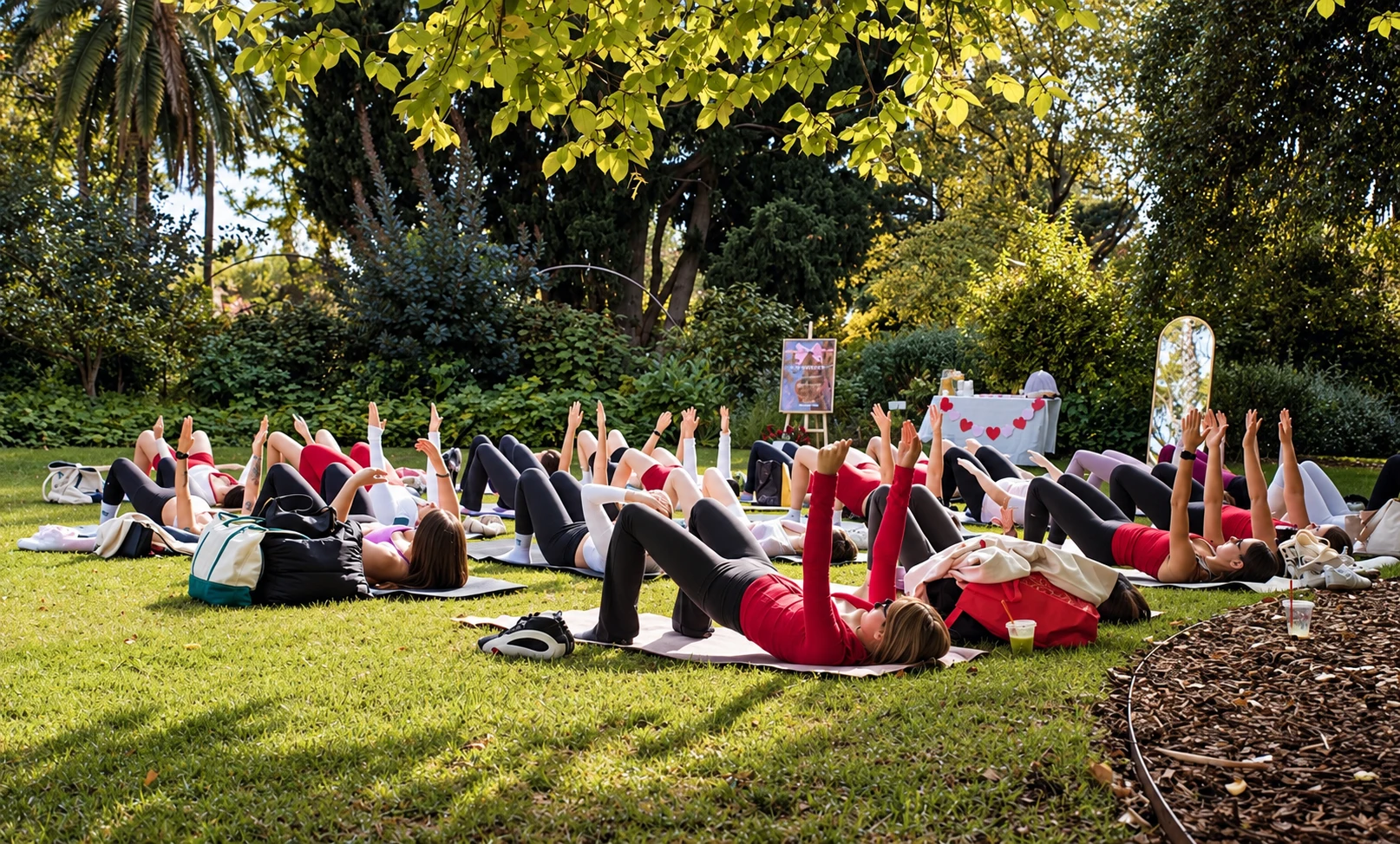 Group doing Pilates together on a lawn